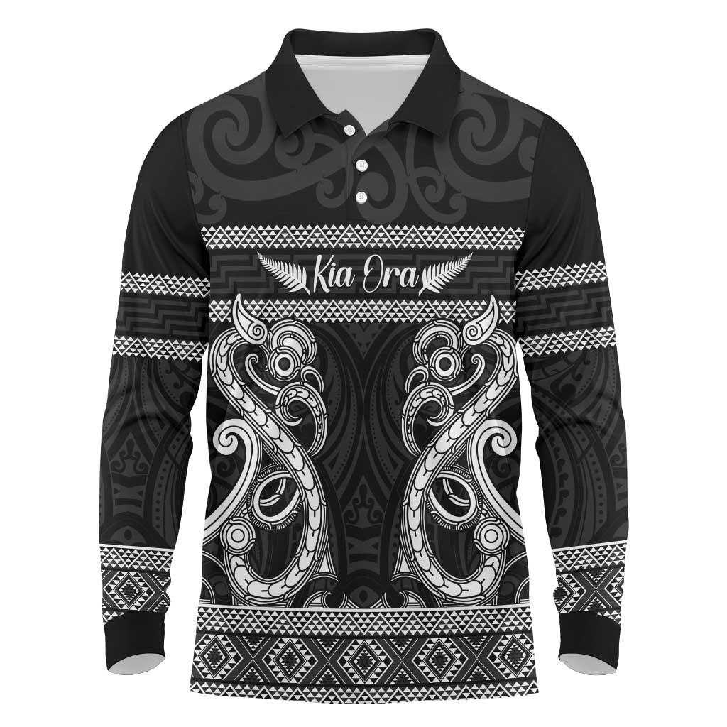 Kia Ora New Zealand Long Sleeve Polo Shirt Maori Language Week Pango Taniko Motif - Aussie Hoodie