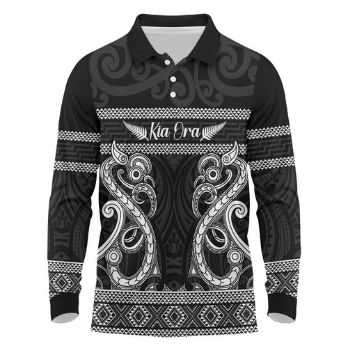 Kia Ora New Zealand Long Sleeve Polo Shirt Maori Language Week Pango Taniko Motif - Aussie Hoodie