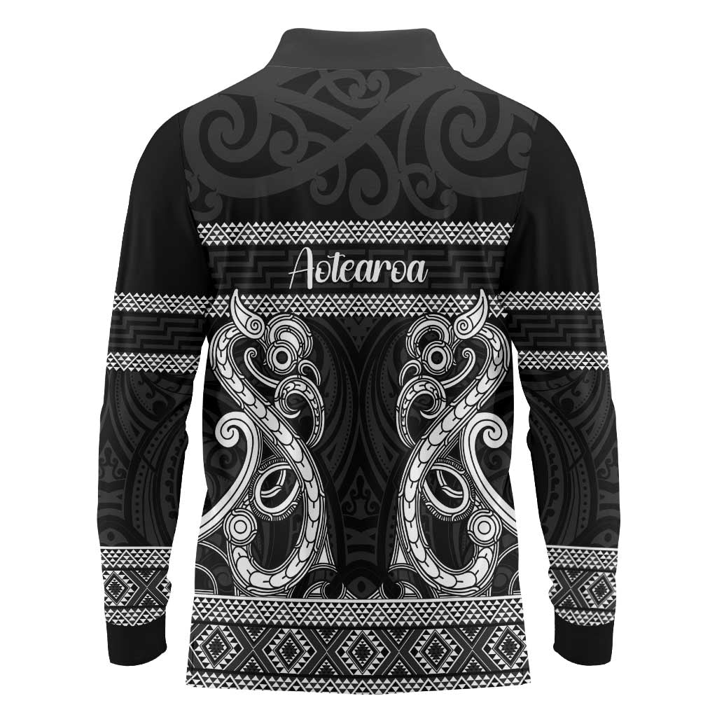 Kia Ora New Zealand Long Sleeve Polo Shirt Maori Language Week Pango Taniko Motif - Aussie Hoodie