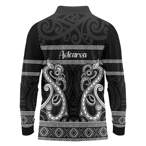 Kia Ora New Zealand Long Sleeve Polo Shirt Maori Language Week Pango Taniko Motif - Aussie Hoodie
