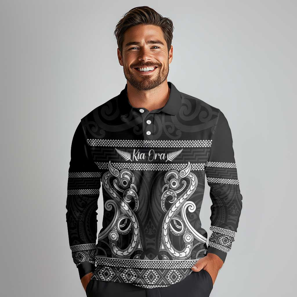 Kia Ora New Zealand Long Sleeve Polo Shirt Maori Language Week Pango Taniko Motif - Aussie Hoodie