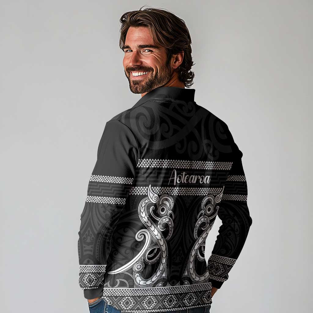 Kia Ora New Zealand Long Sleeve Polo Shirt Maori Language Week Pango Taniko Motif - Aussie Hoodie