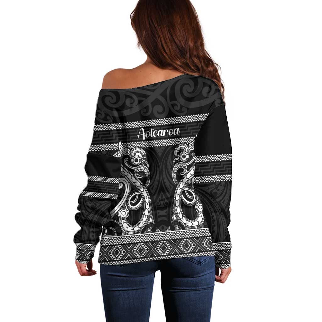 Kia Ora New Zealand Off Shoulder Sweater Maori Language Week Pango Taniko Motif - Aussie Hoodie