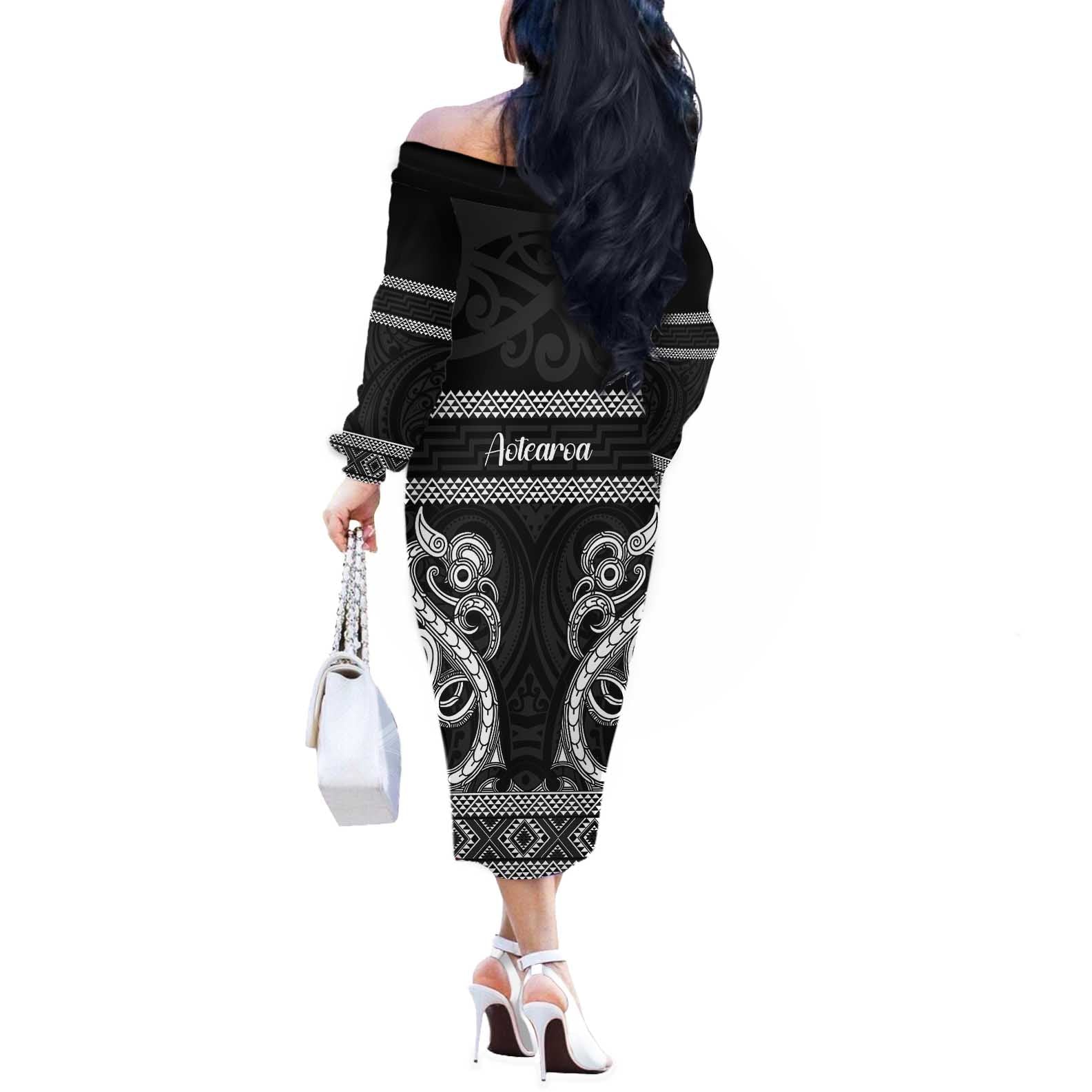 Kia Ora New Zealand Off The Shoulder Long Sleeve Dress Maori Language Week Pango Taniko Motif - Aussie Hoodie