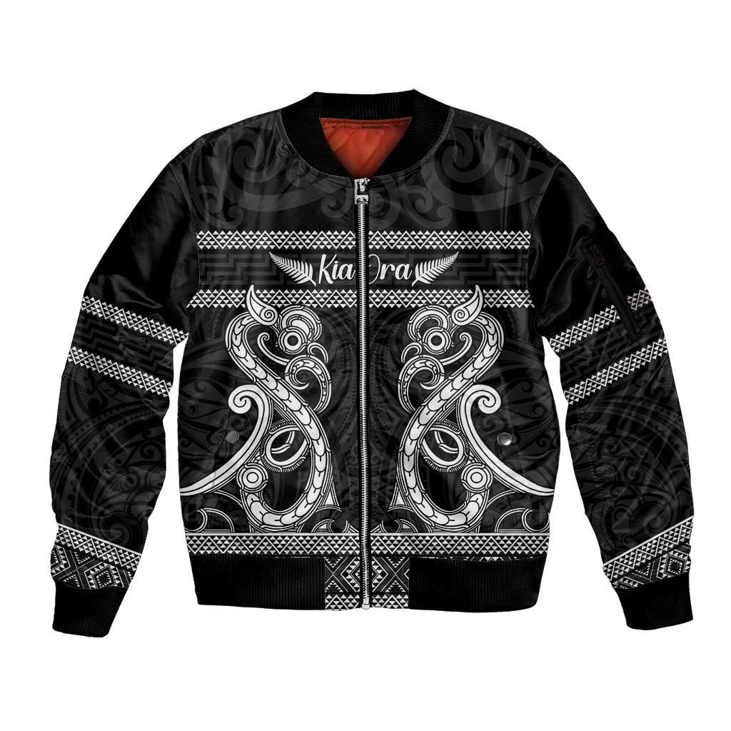 Kia Ora New Zealand Sleeve Zip Bomber Jacket Maori Language Week Pango Taniko Motif - Aussie Hoodie