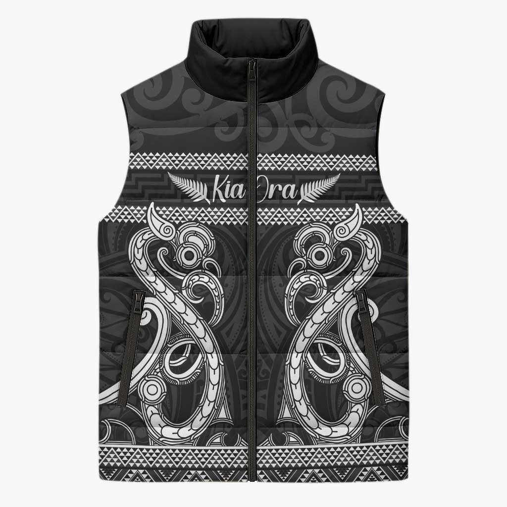 Kia Ora New Zealand Sleeveless Puffer Jacket Maori Language Week Pango Taniko Motif - Aussie Hoodie