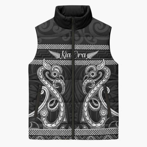 Kia Ora New Zealand Sleeveless Puffer Jacket Maori Language Week Pango Taniko Motif - Aussie Hoodie