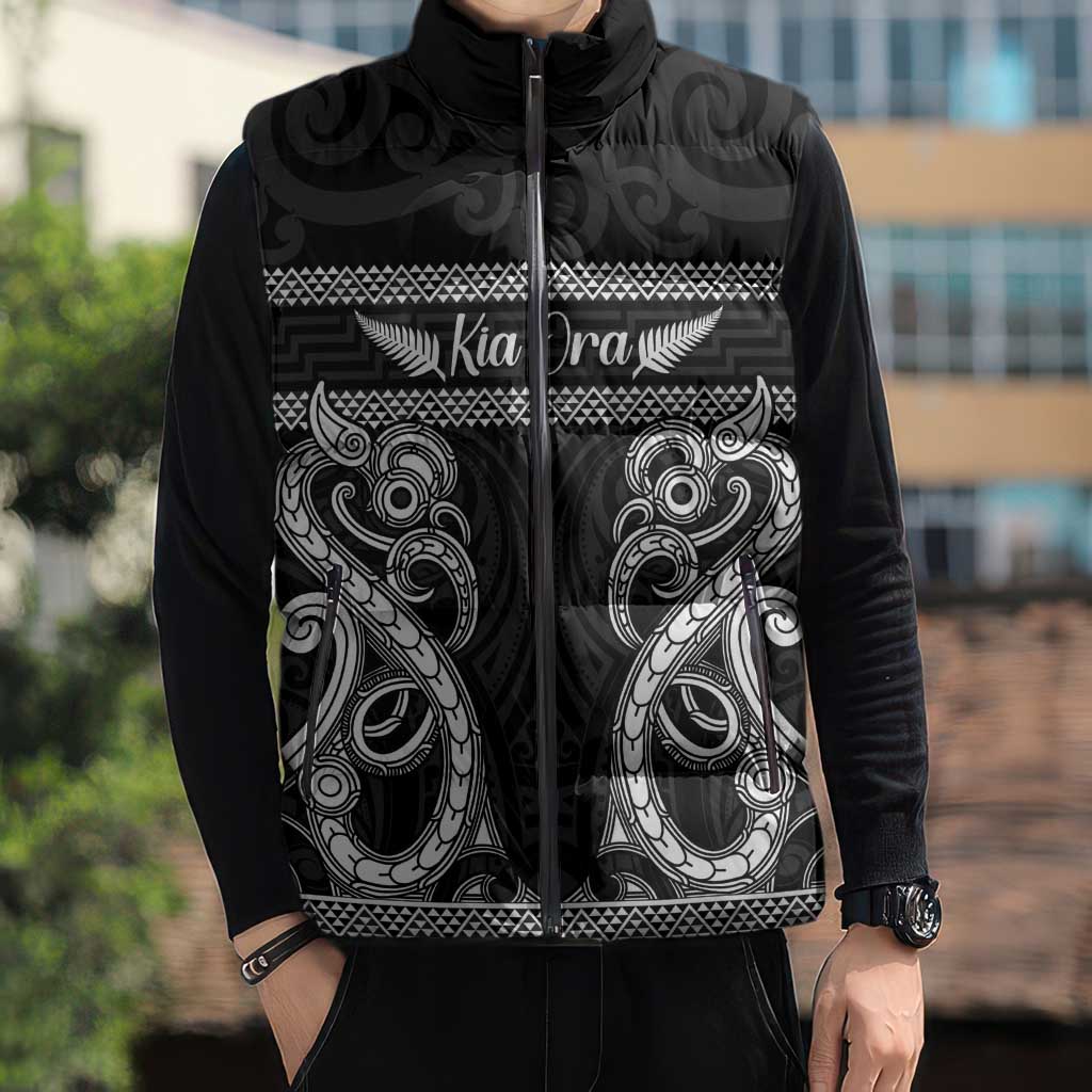 Kia Ora New Zealand Sleeveless Puffer Jacket Maori Language Week Pango Taniko Motif - Aussie Hoodie