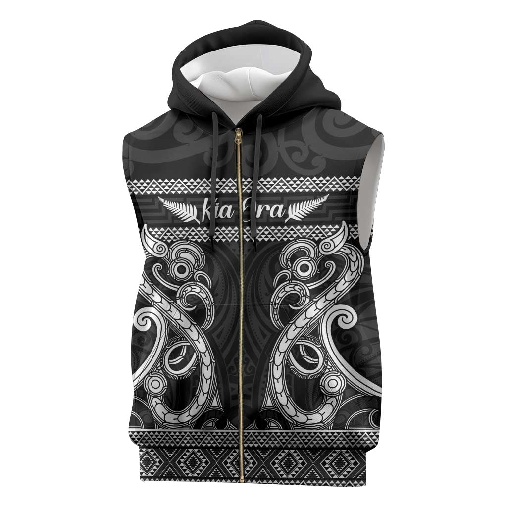 Kia Ora New Zealand Sleeveless Zip Hoodie Maori Language Week Pango Taniko Motif - Aussie Hoodie