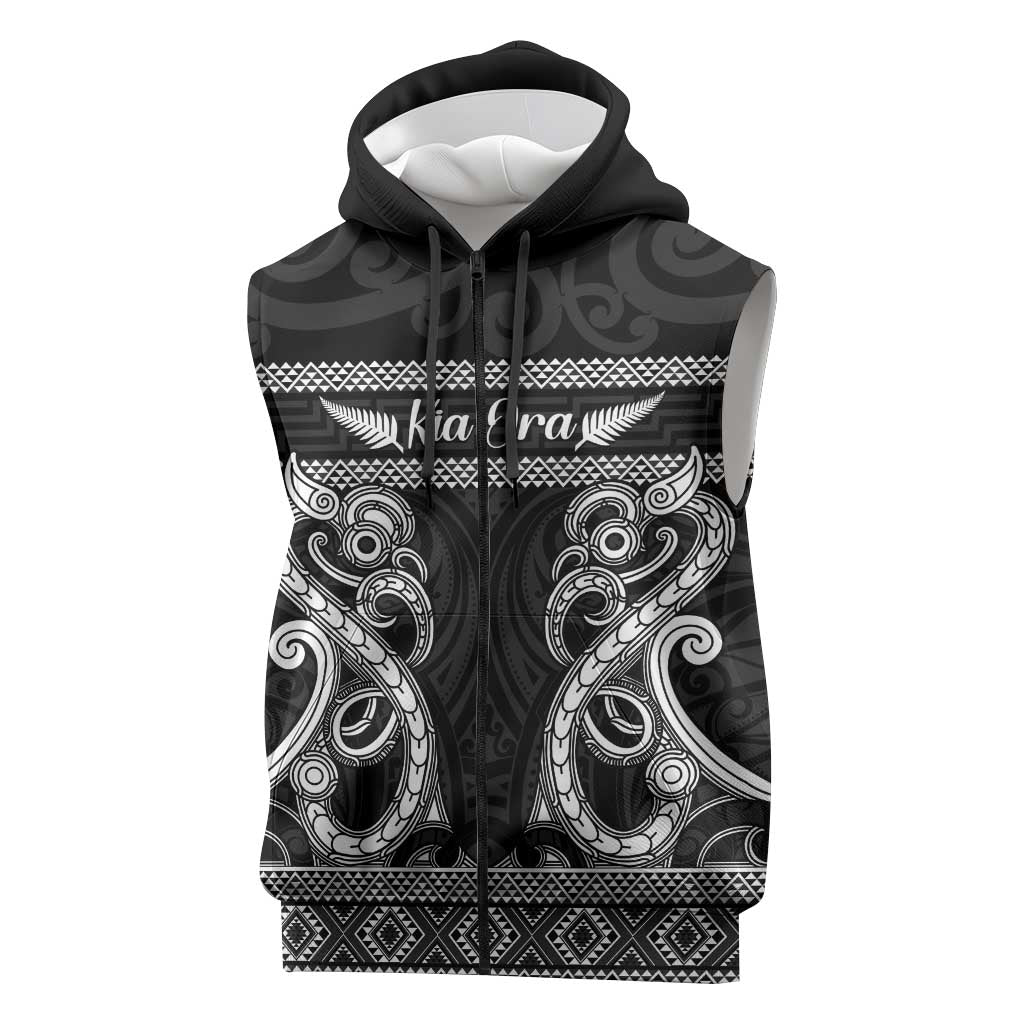 Kia Ora New Zealand Sleeveless Zip Hoodie Maori Language Week Pango Taniko Motif LT14