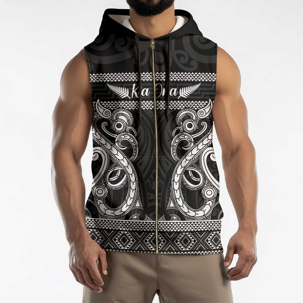 Kia Ora New Zealand Sleeveless Zip Hoodie Maori Language Week Pango Taniko Motif - Aussie Hoodie