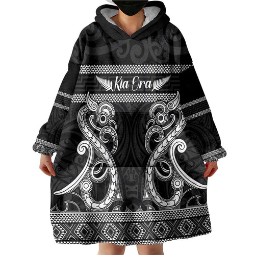 Kia Ora New Zealand Wearable Blanket Hoodie Maori Language Week Pango Taniko Motif - Aussie Hoodie