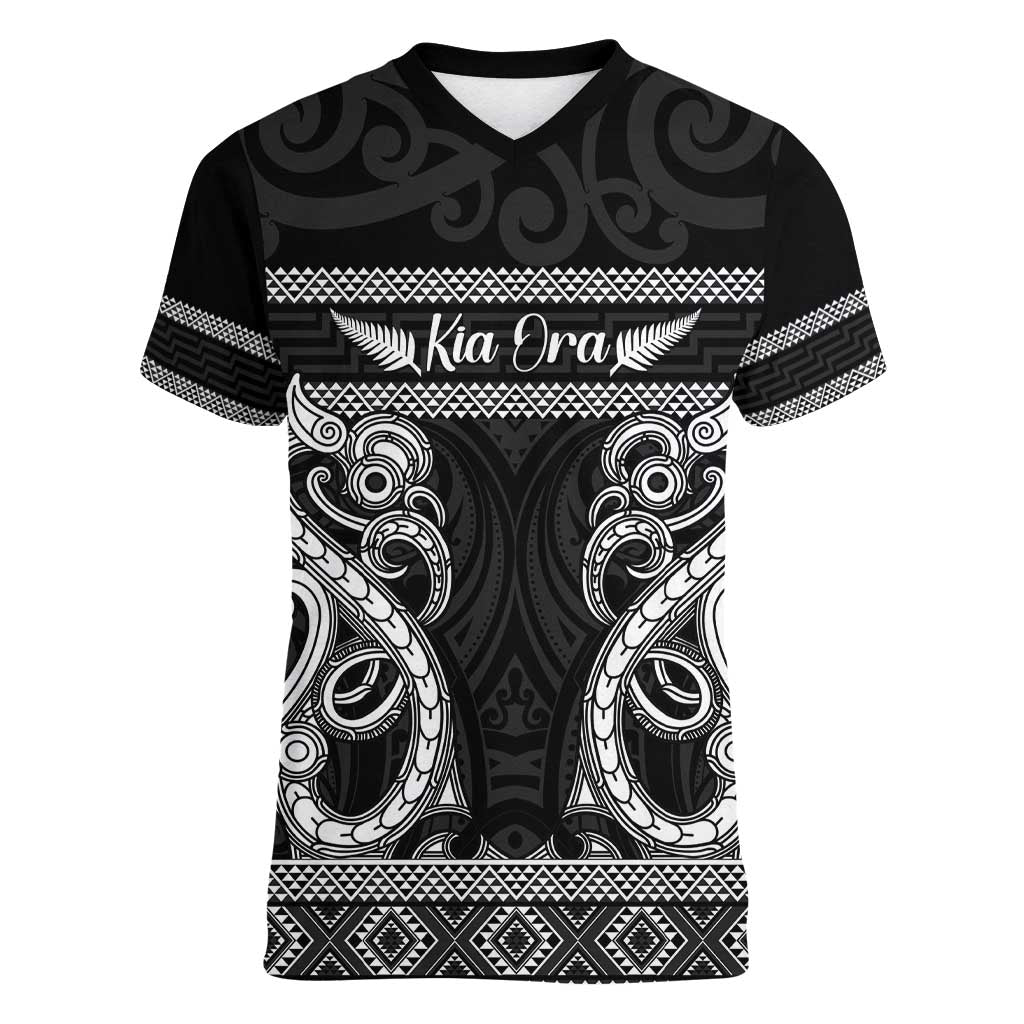 Kia Ora New Zealand Women V-Neck T-Shirt Maori Language Week Pango Taniko Motif - Aussie Hoodie