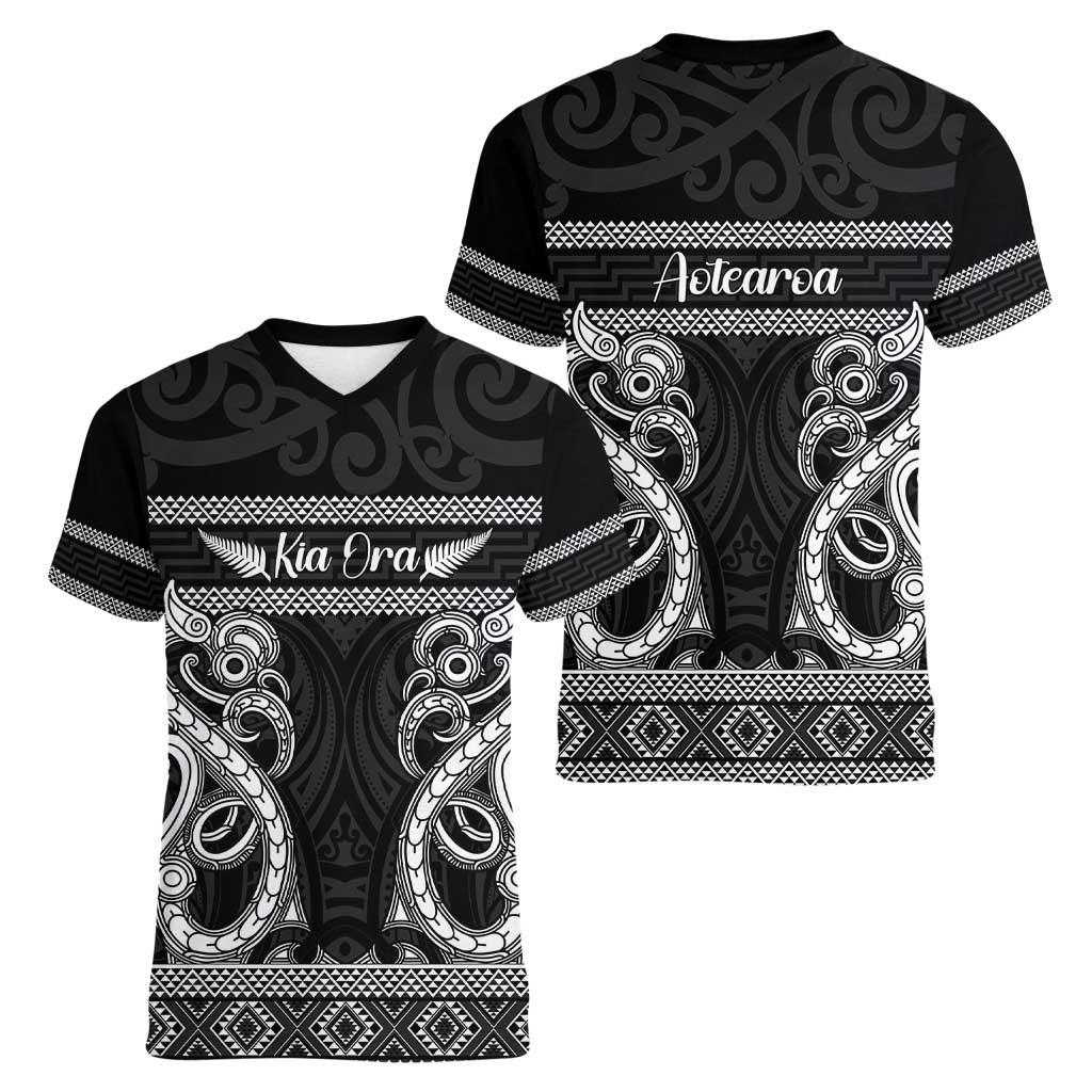 Kia Ora New Zealand Women V-Neck T-Shirt Maori Language Week Pango Taniko Motif - Aussie Hoodie