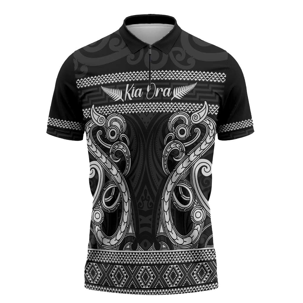 Kia Ora New Zealand Zipper Polo Shirt Maori Language Week Pango Taniko Motif - Aussie Hoodie