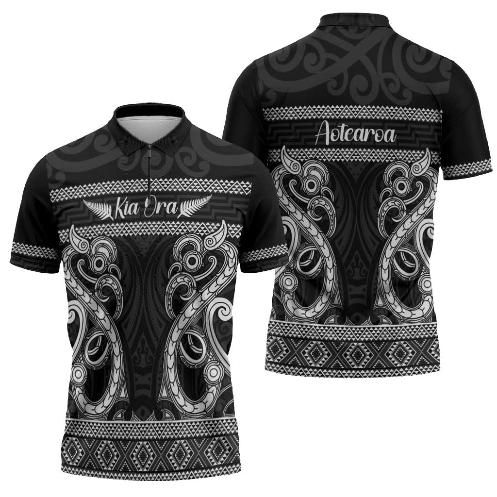 Kia Ora New Zealand Zipper Polo Shirt Maori Language Week Pango Taniko Motif - Aussie Hoodie