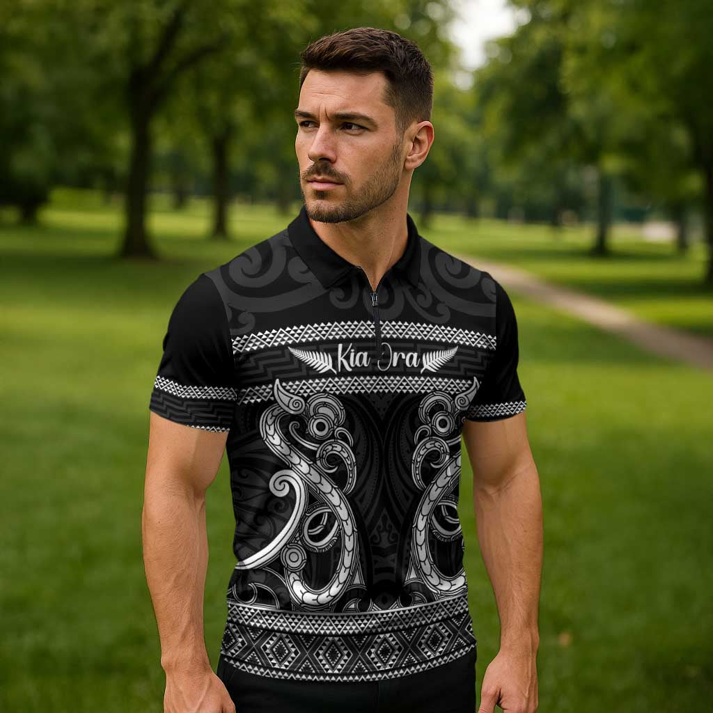 Kia Ora New Zealand Zipper Polo Shirt Maori Language Week Pango Taniko Motif - Aussie Hoodie