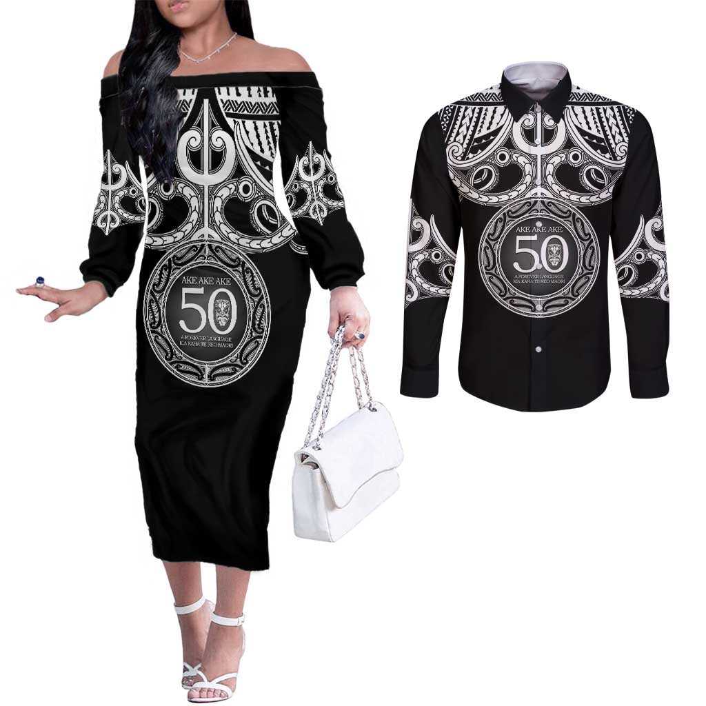 Kia Kaha Te Reo Maori New Zealand Couples Matching Off The Shoulder Long Sleeve Dress and Long Sleeve Button Shirt 50th Anniversary Ake Ake Ake - Aussie Hoodie
