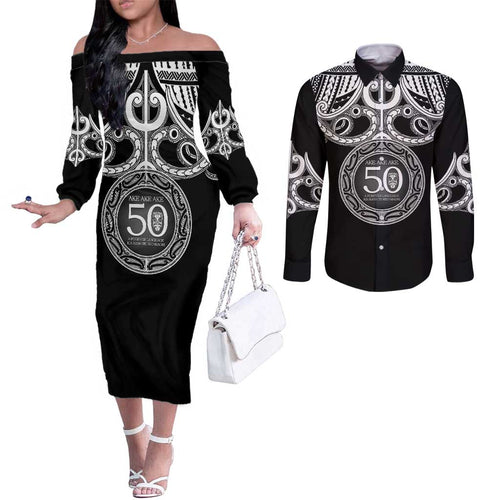 Kia Kaha Te Reo Maori New Zealand Couples Matching Off The Shoulder Long Sleeve Dress and Long Sleeve Button Shirt 50th Anniversary Ake Ake Ake - Aussie Hoodie