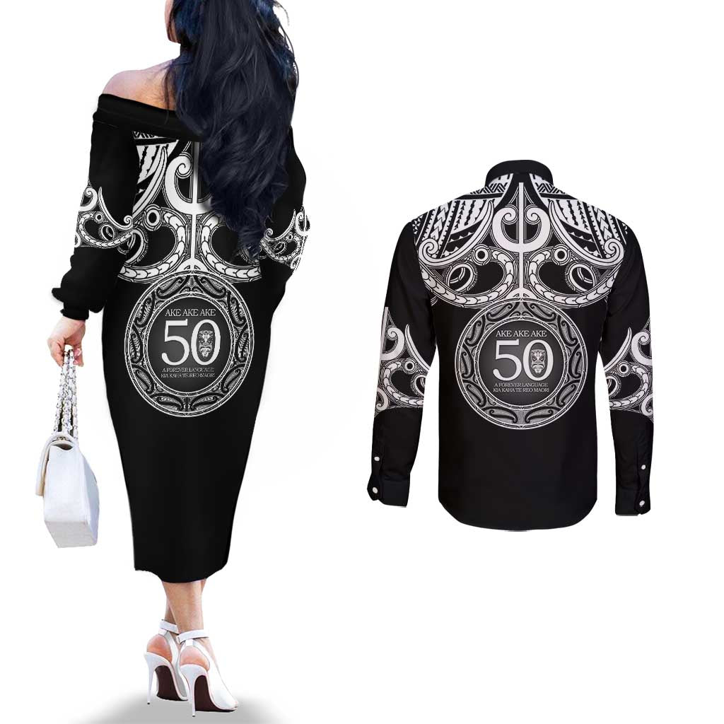 Kia Kaha Te Reo Maori New Zealand Couples Matching Off The Shoulder Long Sleeve Dress and Long Sleeve Button Shirt 50th Anniversary Ake Ake Ake - Aussie Hoodie