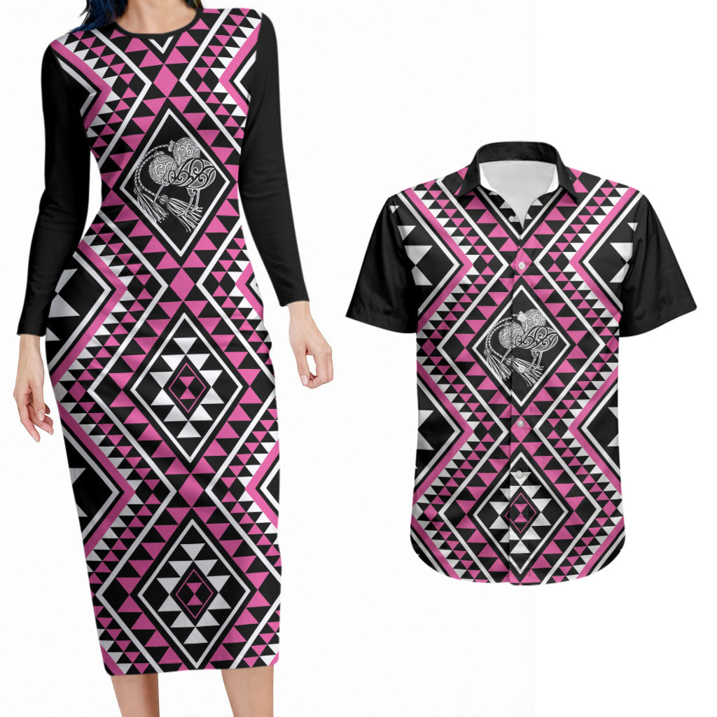 New Zealand Mawhero Taniko Motifs Couples Matching Long Sleeve Bodycon Dress and Hawaiian Shirt Maori Poi Dance Costume Inspired