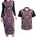New Zealand Mawhero Taniko Motifs Couples Matching Long Sleeve Bodycon Dress and Hawaiian Shirt Maori Poi Dance Costume Inspired