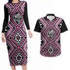 New Zealand Mawhero Taniko Motifs Couples Matching Long Sleeve Bodycon Dress and Hawaiian Shirt Maori Poi Dance Costume Inspired