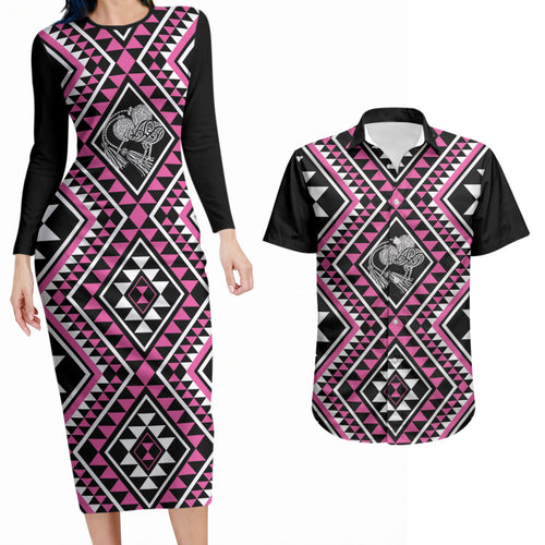 New Zealand Mawhero Taniko Motifs Couples Matching Long Sleeve Bodycon Dress and Hawaiian Shirt Maori Poi Dance Costume Inspired
