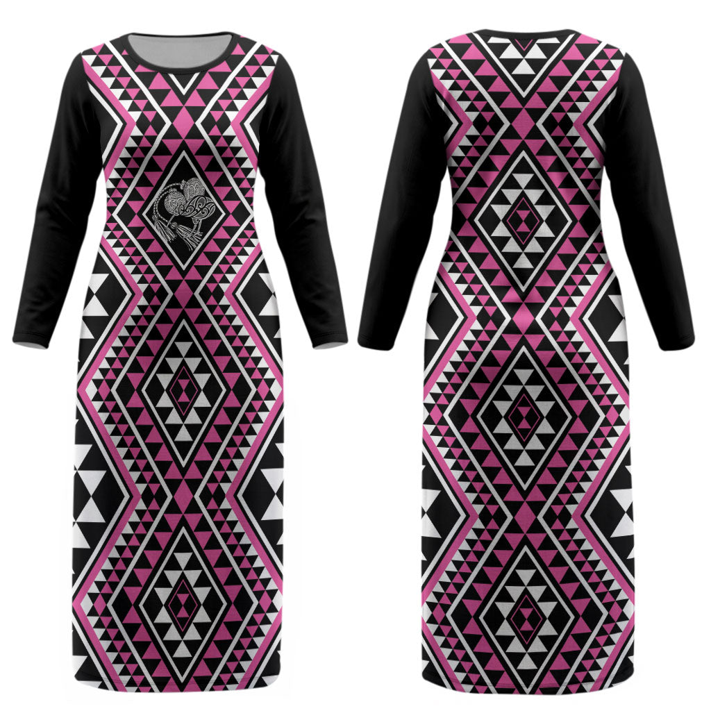 New Zealand Mawhero Taniko Motifs Couples Matching Long Sleeve Bodycon Dress and Hawaiian Shirt Maori Poi Dance Costume Inspired