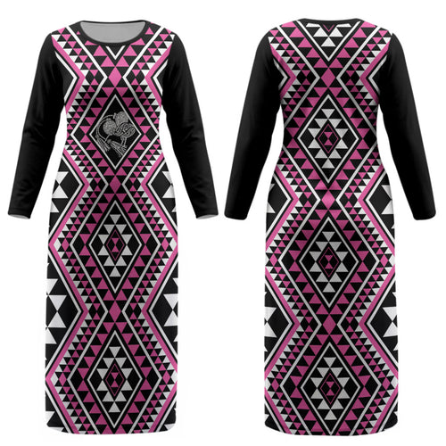 New Zealand Mawhero Taniko Motifs Couples Matching Long Sleeve Bodycon Dress and Hawaiian Shirt Maori Poi Dance Costume Inspired