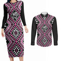 New Zealand Mawhero Taniko Motifs Couples Matching Long Sleeve Bodycon Dress and Long Sleeve Button Shirt Maori Poi Dance Costume Inspired