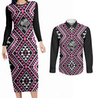 New Zealand Mawhero Taniko Motifs Couples Matching Long Sleeve Bodycon Dress and Long Sleeve Button Shirt Maori Poi Dance Costume Inspired