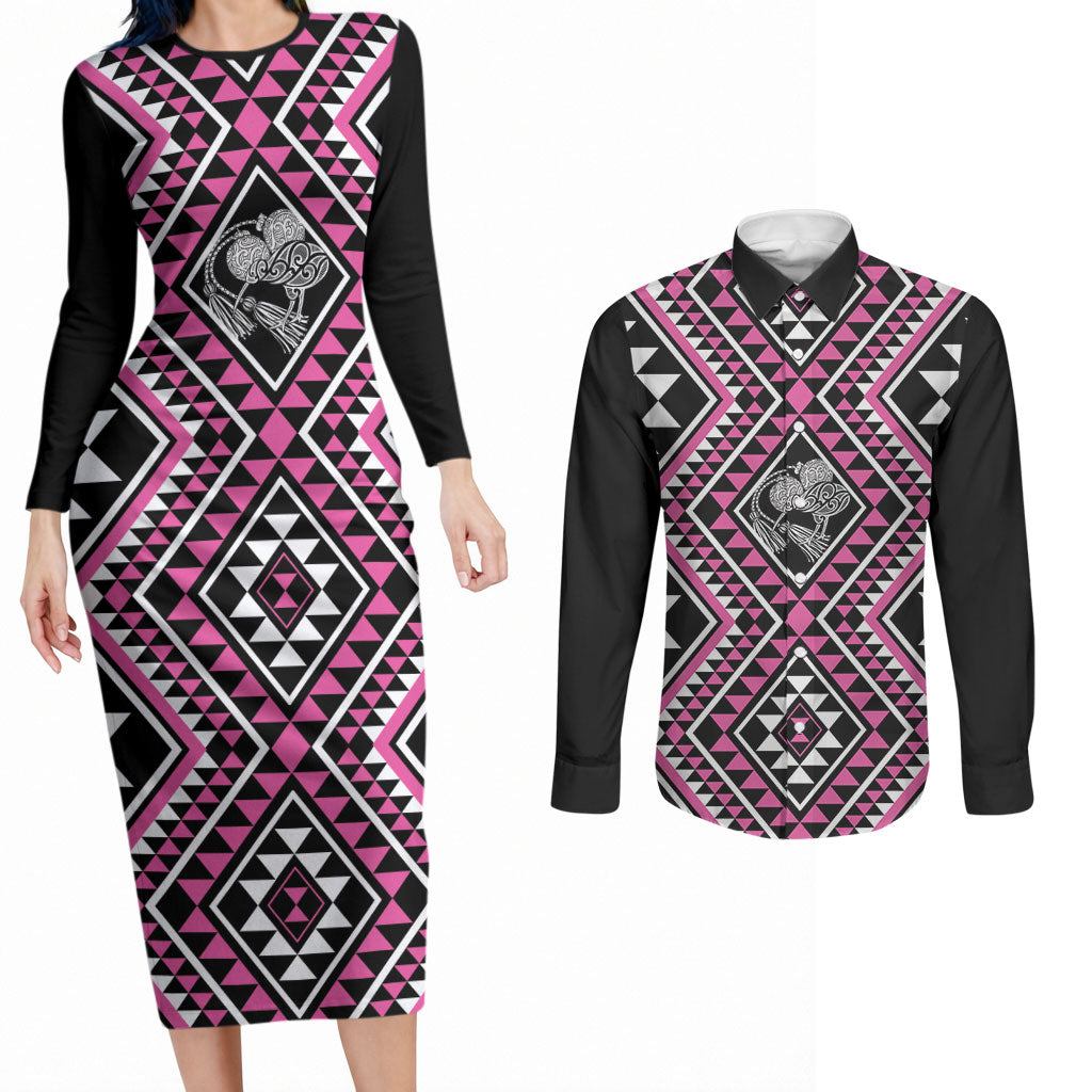 New Zealand Mawhero Taniko Motifs Couples Matching Long Sleeve Bodycon Dress and Long Sleeve Button Shirt Maori Poi Dance Costume Inspired