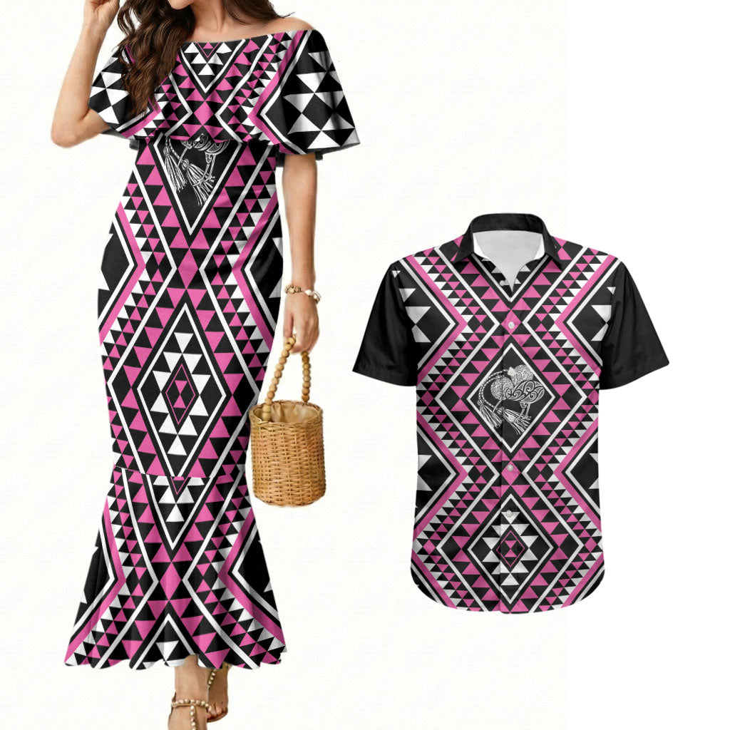 New Zealand Mawhero Taniko Motifs Couples Matching Mermaid Dress and Hawaiian Shirt Maori Poi Dance Costume Inspired