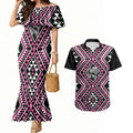 New Zealand Mawhero Taniko Motifs Couples Matching Mermaid Dress and Hawaiian Shirt Maori Poi Dance Costume Inspired