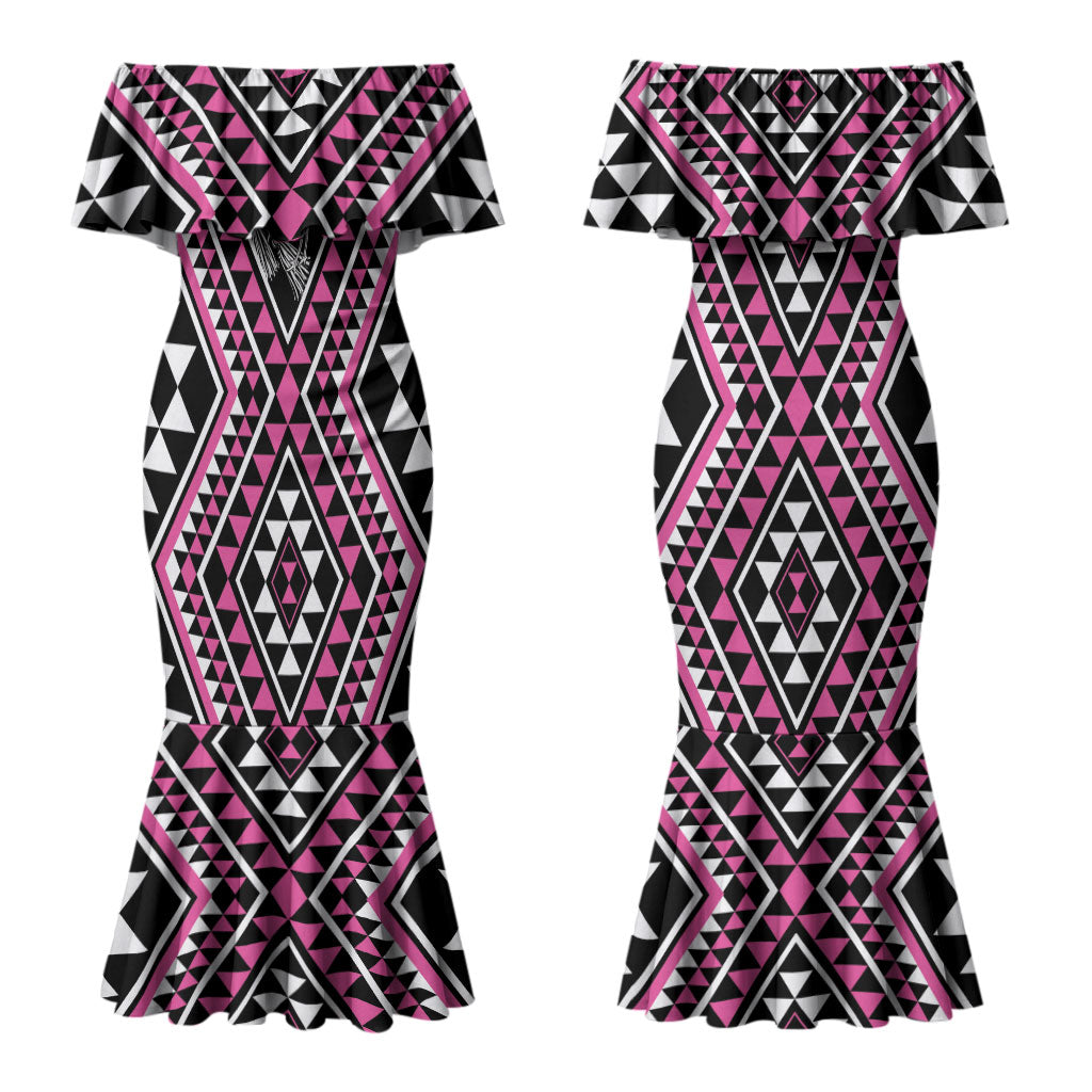 New Zealand Mawhero Taniko Motifs Couples Matching Mermaid Dress and Hawaiian Shirt Maori Poi Dance Costume Inspired