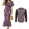 New Zealand Mawhero Taniko Motifs Couples Matching Mermaid Dress and Long Sleeve Button Shirt Maori Poi Dance Costume Inspired