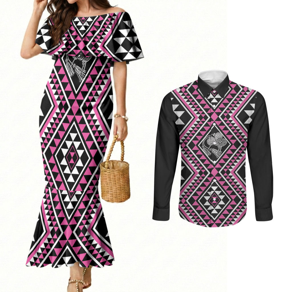 New Zealand Mawhero Taniko Motifs Couples Matching Mermaid Dress and Long Sleeve Button Shirt Maori Poi Dance Costume Inspired