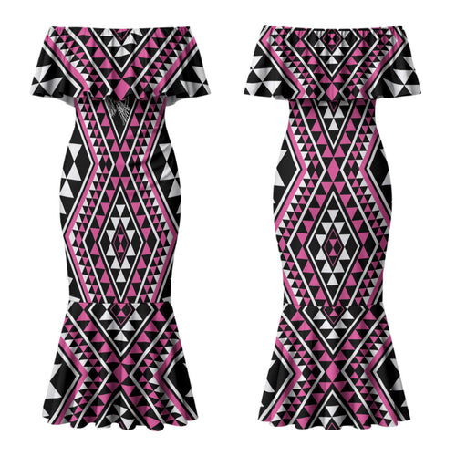 New Zealand Mawhero Taniko Motifs Couples Matching Mermaid Dress and Long Sleeve Button Shirt Maori Poi Dance Costume Inspired
