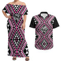New Zealand Mawhero Taniko Motifs Couples Matching Off Shoulder Maxi Dress and Hawaiian Shirt Maori Poi Dance Costume Inspired