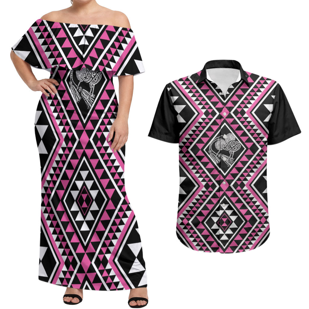 New Zealand Mawhero Taniko Motifs Couples Matching Off Shoulder Maxi Dress and Hawaiian Shirt Maori Poi Dance Costume Inspired