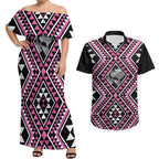 New Zealand Mawhero Taniko Motifs Couples Matching Off Shoulder Maxi Dress and Hawaiian Shirt Maori Poi Dance Costume Inspired