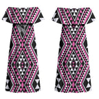 New Zealand Mawhero Taniko Motifs Couples Matching Off Shoulder Maxi Dress and Hawaiian Shirt Maori Poi Dance Costume Inspired