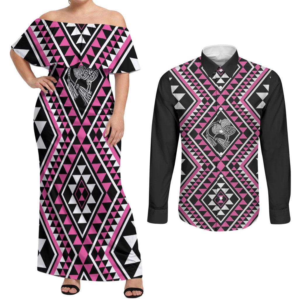 New Zealand Mawhero Taniko Motifs Couples Matching Off Shoulder Maxi Dress and Long Sleeve Button Shirt Maori Poi Dance Costume Inspired