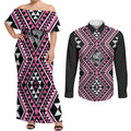 New Zealand Mawhero Taniko Motifs Couples Matching Off Shoulder Maxi Dress and Long Sleeve Button Shirt Maori Poi Dance Costume Inspired