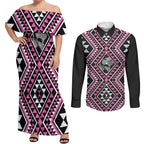New Zealand Mawhero Taniko Motifs Couples Matching Off Shoulder Maxi Dress and Long Sleeve Button Shirt Maori Poi Dance Costume Inspired