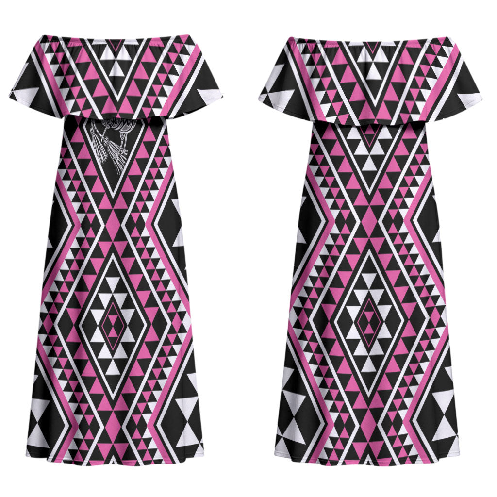 New Zealand Mawhero Taniko Motifs Couples Matching Off Shoulder Maxi Dress and Long Sleeve Button Shirt Maori Poi Dance Costume Inspired