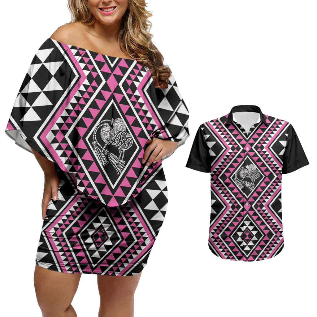 New Zealand Mawhero Taniko Motifs Couples Matching Off Shoulder Short Dress and Hawaiian Shirt Maori Poi Dance Costume Inspired
