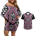 New Zealand Mawhero Taniko Motifs Couples Matching Off Shoulder Short Dress and Hawaiian Shirt Maori Poi Dance Costume Inspired