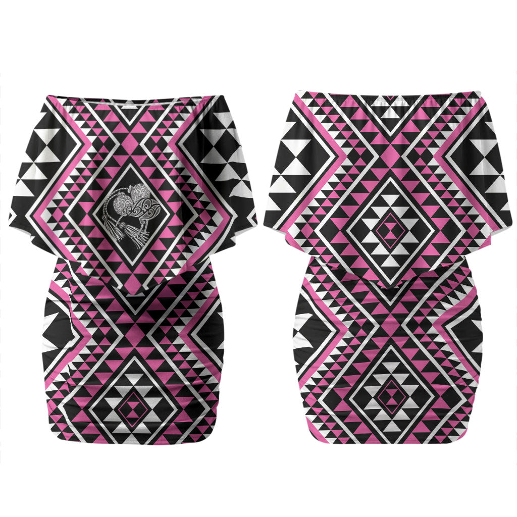 New Zealand Mawhero Taniko Motifs Couples Matching Off Shoulder Short Dress and Hawaiian Shirt Maori Poi Dance Costume Inspired